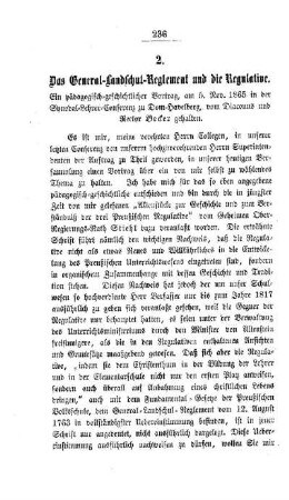 Das General-Landschul-Reglement und die Regulative : ein pädagogisch-geschichtlicher Vortrag, vom 5. Nov. 1865 in der Synodal-Lehrer-Conferenz zu Dom-Havelberg, vom Diaconus und Rector Becker gehalten