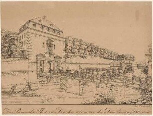 Das Pirnaische Tor (Pirnaischer Platz, Landhausstraße) in Dresden vor der Demolierung 1820 mit Stadtgraben, Blick nach Nordwesten