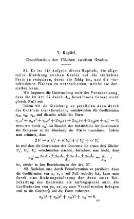 V. Kapitel. Classification der Flächen zweiten Grades.