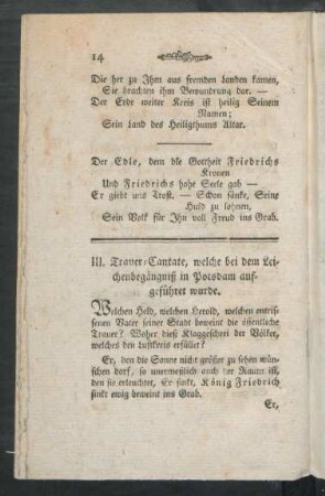 III. Trauer-Cantate, welche bei dem Leichenbegängniß in Potsdam aufgeführet wurde