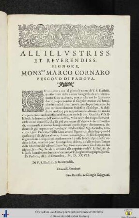 All’ illustrissimo et reverendissimo signore, monsignor Marco Cornaro…