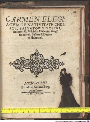 Carmen Elegiacvm De Nativitate Christi, Salvatoris Nostri