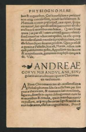Andreae Corvi Mirandulani, Singularis viri eruditionis opus in Chiromantia rarissimum.