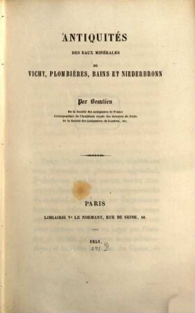 Antiquités des eaux minérales de Vichy, Plombières, Bains et Niederbronn