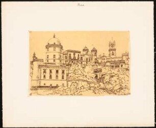 Palácio Nacional da Pena, Sintra: Durchzeichnung: Perspektivische Ansicht des auf der Ruine eines Klosters errichteten Maurenschlosses, nach Über Land und Meer