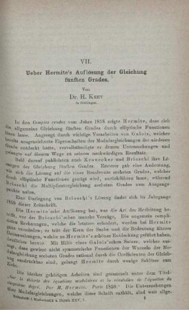 VII. Ueber Hermite's Auflösung der Gleichung fünften Grades.