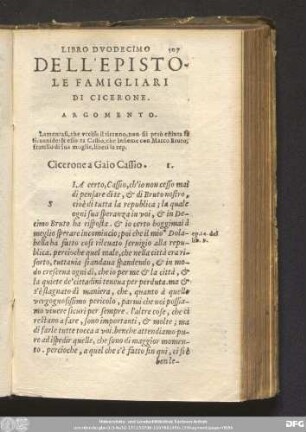 Libro Duodecimo Dell' Epistole Famigliari Di Cicerone. [A Cassio, Et Altri.]
