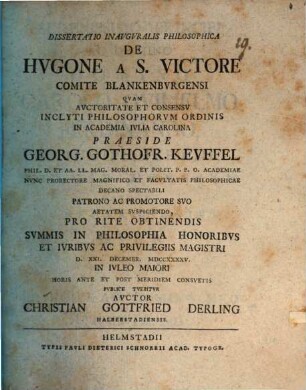 Dissertatio inavgvralis De Hvgone a S. Victore, Comite Blankenburgensi