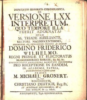 Disputatio Historico-Chronologica. De Versione LXX Interpretum, Quo Tempore Illa Fuerit Adornata?