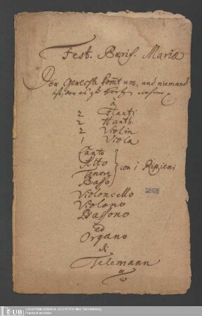 Ms. Ff. Mus. 864 - Fest. Purif. Mariae : Der Gerechte kommt um, und niemand ist, der es zu Hertzen nehme p : à 2 flauti, 2 hautb., 2 violoni, 1 viola, canto, alto, tenore, basso con i ripieni, violoncello, violono ed organo