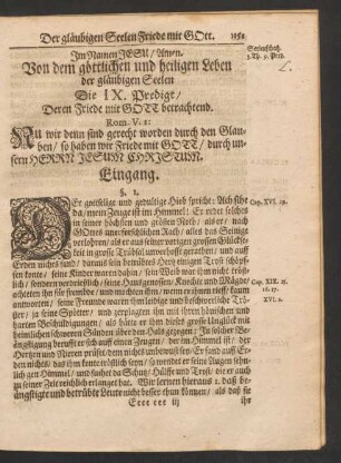 Von dem göttlichen und heiligen Leben der gläubigen Seelen Die IX. Predigt/ Deren Friede mit Gott betrachtend. Rom. V. 1: