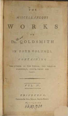 The miscellaneous works. 4. Poetical pieces. - 1792. - X, 253 S.