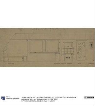 Darmstadt, Wohnhaus Olbrich, Dachgeschoss, Rotes Zimmer, Aufrisse der West- und Nordwand