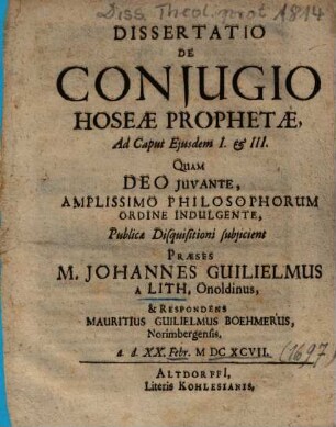 Dissertatio De Conjugio Hoseae Prophetae, Ad Caput Ejusdem I. et III.