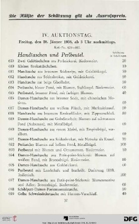 IV. Auktionstag: Freitag, den 28. Jänner 1938, ab 3 Uhr nachmittags (Nr. 679-937)