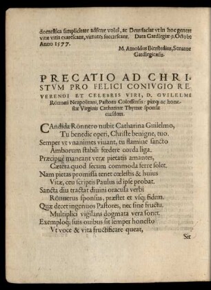 Precatio Ad Christum Pro Felici Coniugio Reverendi Et Celebris Viri. D. Giulelmi Rönneri ... ac honestae Virginis Catharinae Thymae sponsae eiusdem.