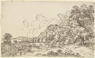 Landschaft mit Gewässer, rechts auf einem Berg eine Festungsanlage