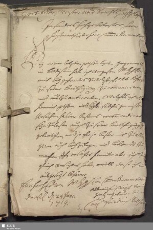 [Vollhard, Carl Friedrich, Originalschreiben an August Magnus Printz, Cammer Procurator: Dreßden 24. Januar 1714.]