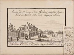 "Garten des H. geheim. Rath Meinders gewesener Heyde-/ kams bei Berlin nahe Leipziger Thore"