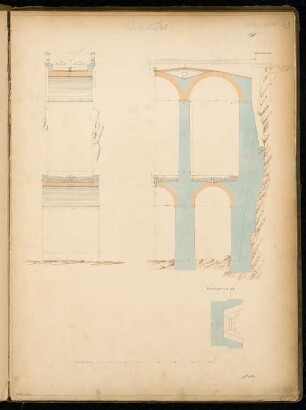 Eisenbahnviadukt Monatskonkurrenz Oktober 1860: Längsschnitt, Querschnitt, Horizontalschnitt des Widerlagers; Maßstabsleiste