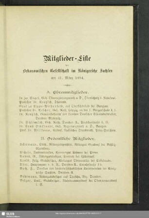 Mitglieder-Liste der Oekonomischen Gesellschaft im Königreiche Sachsen am 31. März 1894