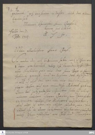Brief von August Hermann Francke an Nikolaus Ludwig von Zinzendorf.