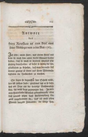 Antwort des Herrn Rousseau auf einen Brief eines seiner Mitbürger vom 26ten May 1763.