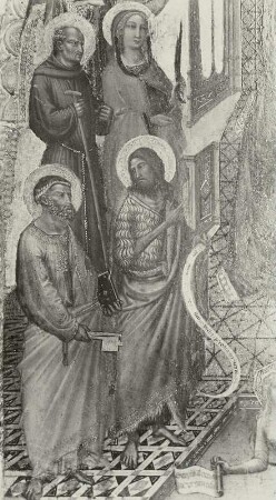 Thronende Madonna mit dem Kinde, von sechs Engeln und acht Heiligen verehrt