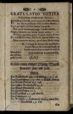Resolvierung einiger Müntz/ Maaß/ Gewicht/ Zeit/ und Zahl.
