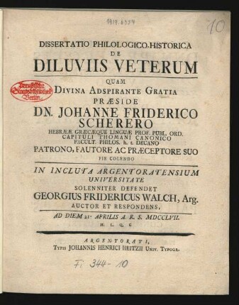 Dissertatio Philologico-Historica De Diluviis Veterum