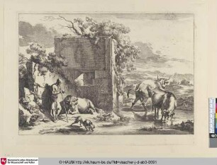 [Der alte Hirt auf den Stock gelehnt, links bei der Ruine; Old herd leaning on his staff near an old wall]