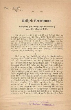 Polizei-Verordnung. Nachtrag zu Baupolizeiverordnung vom 22. August 1898