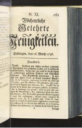 N. XI. Tübingen, den 16. Mertz 1736