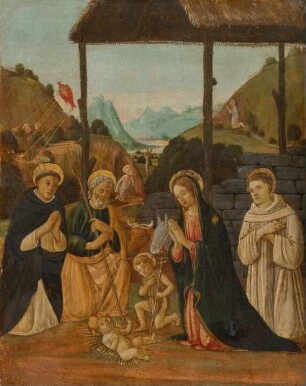 Anbetung des Kindes in Anwesenheit des Johannesknaben und den Heiligen Dominikus und Bernhard von Clairvaux