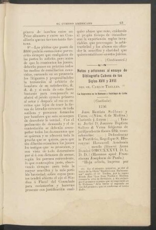 Notas y adiciones al ensayo de Bibliografía Cubana de los siglos XVII y XVIII - (Continúa) : La imprenta en la Habana y Santiago de Cuba