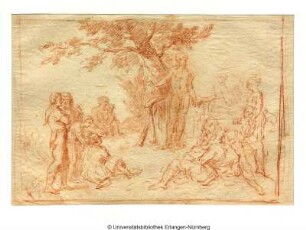 Predigt des Johannes, der in der Mitte unter einem Baume steht