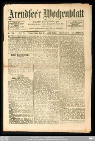 Arendsee'r Wochenblatt, Nr. 74. Donnerstag, den 24. Juni 1920.