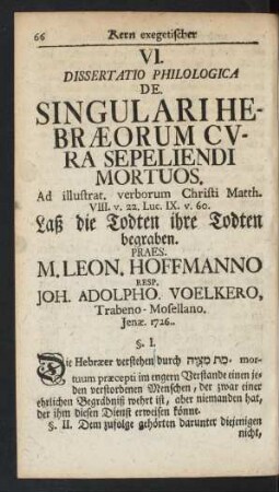 VI. Dissertatio Philologica De. Singulari Hebraeorum Cura Sepeliendi Mortuos.