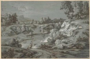 Gebirgslandschaft mit großen Baumgruppen, im Vordergrund zwei Wanderer