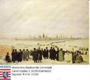 Mainz, 1830 Januar 24 / Mainz und der zugefrorene Rhein von Kastel aus gesehen