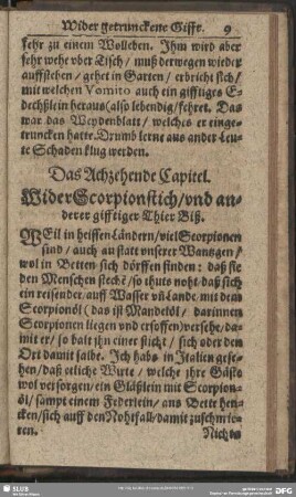 Das Achzehende Capitel. Wider der Scorpionstich, und anderer gifftiger Thier Biß