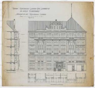 Mehrfamilienhaus Karl Kegel, Berlin-Wilmersdorf: Schnitt, Ansicht Fassade, Fassadenschnitt bemaßt 1:50