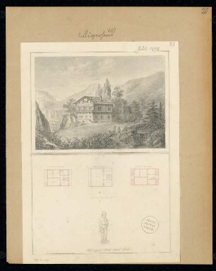 Winzerhaus Monatskonkurrenz Juli 1828: Grundriss Keller, Erdgeschoss, Obergeschoss, perspektivische Ansicht; Maßstabsleiste