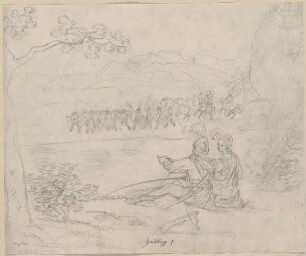 Zum "Zauberring" von Fouqué: Ritter mit Angel und Dame in einer Landschaft sitzend, im Hintergrund Heer