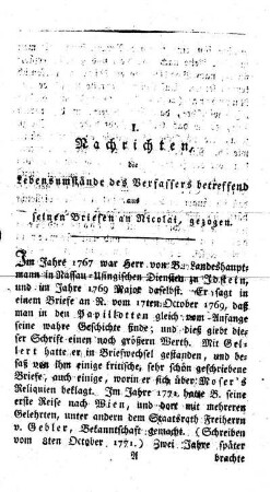 Nachrichten, die Lebensumstände des Verfassers betreffend, aus seinen Briefen an Nicolai gezogen.