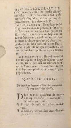 Quaestio LXXIV. De omnibus septem diebus in communi, in tres articulos divisa.