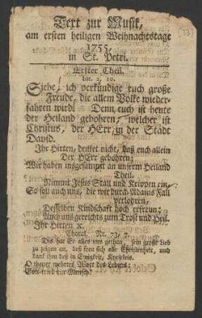 [Textdruck] Text zur Musik am ersten heiligen Weihnachtstage 1755, in St. Petri