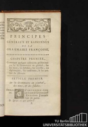 Chapitre premier, Contenant quelques réfelxions préliminaires sur la Grammaire en géneral [...]
