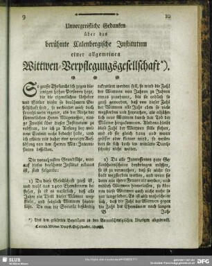 Unvorgreifliche Gedanken über das berühmte Calenbergische Institutum einer allemeinen Wittwen-Verpflegungsgesellschaft