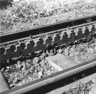 Tschechien. Bahnstrecke Liberec–Kořenov. Eingleisige Strecke der Zahnradbahn mit gefederter Zahnstange System Abt der Strecke mit gemischtem Adhäsions- und Zahnradantrieb. Ansicht der Zahnstange